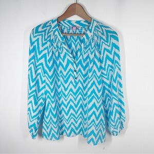 Lilly Pulitzer Turquoise Chevron Elsa Blouse Size Small 100% Silk Long Sleeves